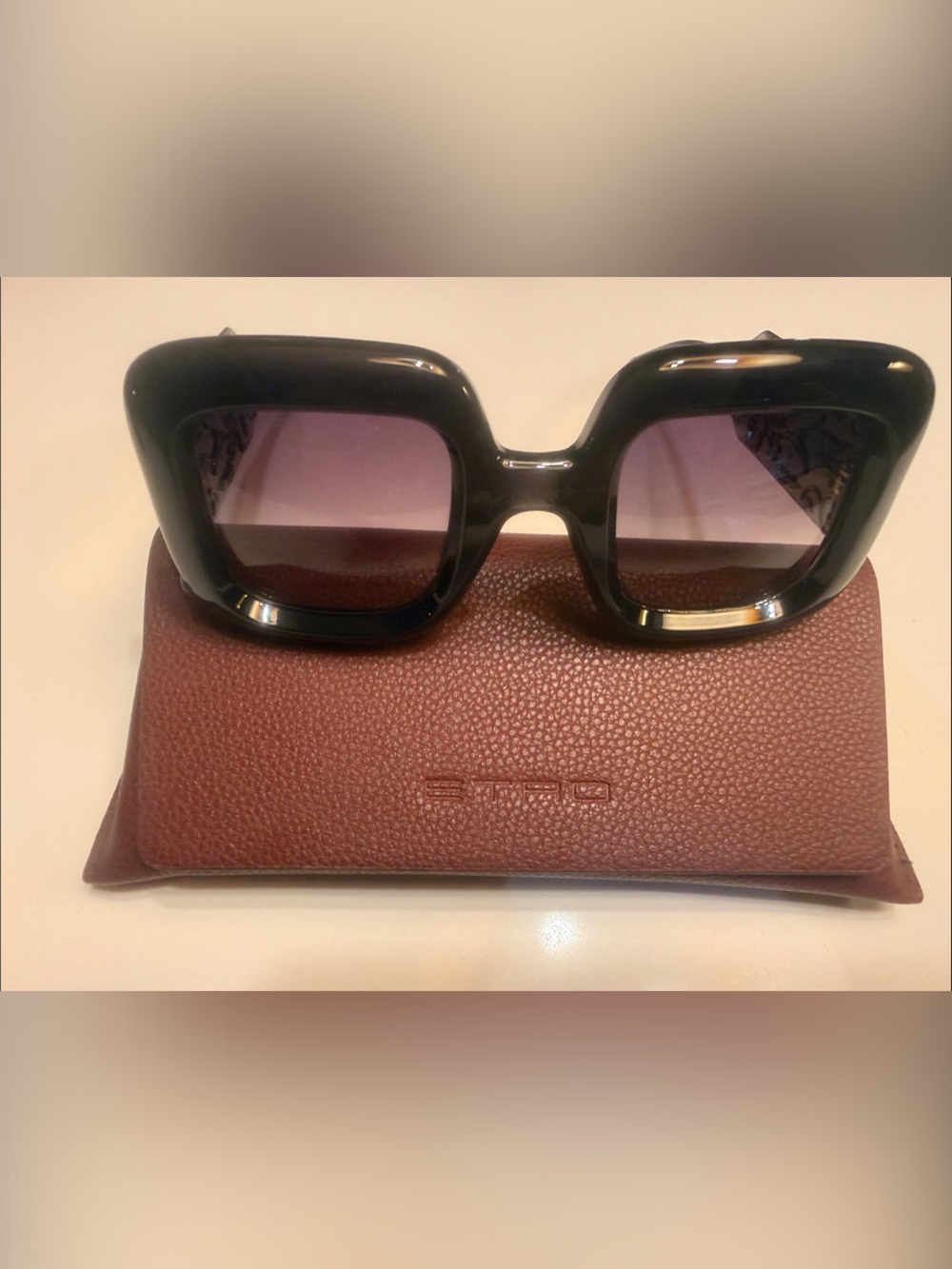Etro Black Oversized Sunglasses with Purple Lenses and Brown Case